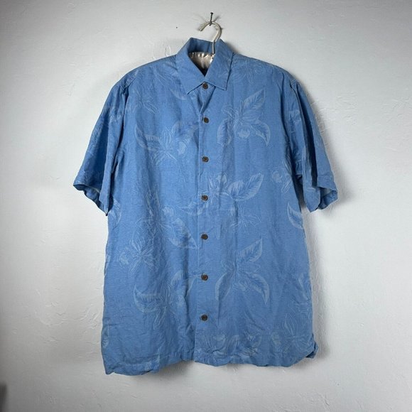 Tommy Bahama Men's Leafy Print Short Sleeve Casual Button Up Shirt Blue Medium